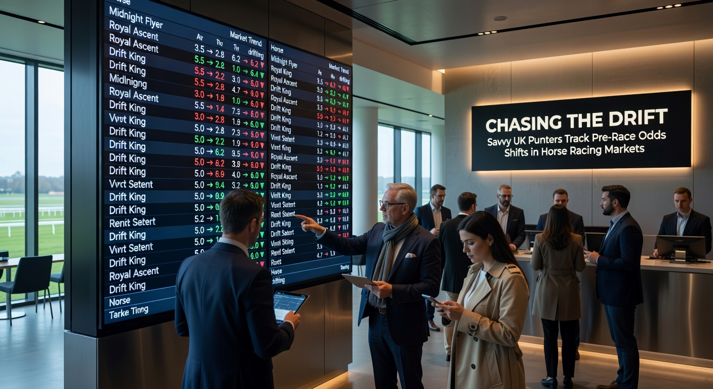 UK punter analyzing live odds on multiple screens during a horse racing event, highlighting drift alerts