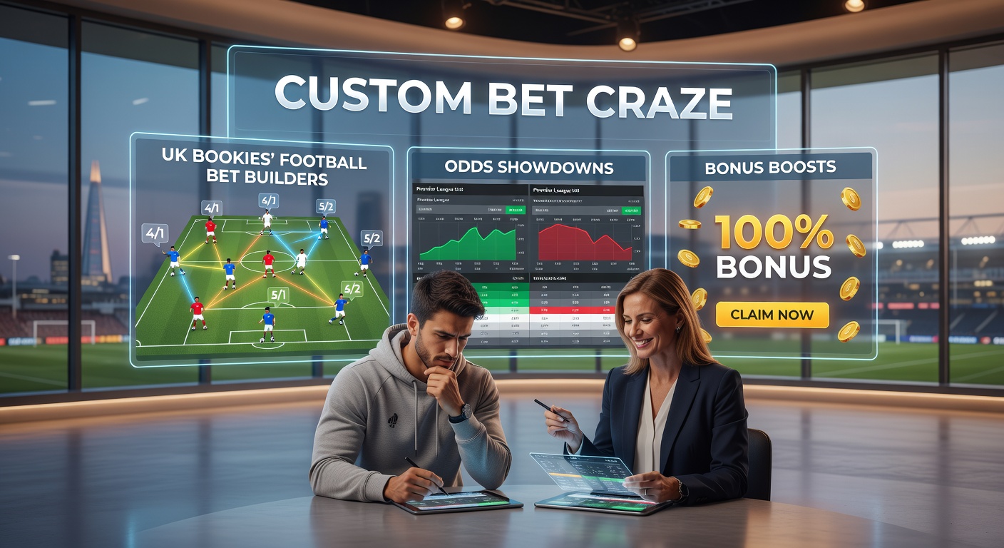 Vibrant digital display of a UK bookmaker's bet builder interface showing customizable football bet options for Premier League matches