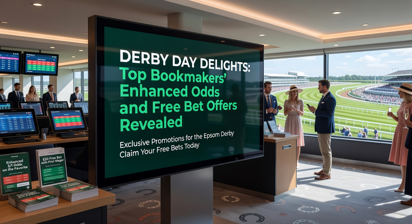Close-up of bookmaker app screens displaying Derby Day enhanced odds boosts and free bet claim buttons, overlaid with racecourse imagery