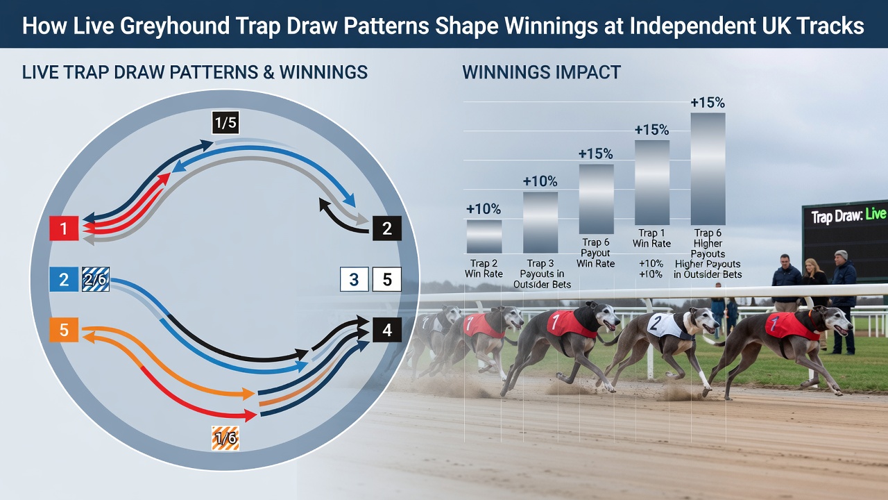 Greyhound trap draw setup at a UK independent track showing numbered starting boxes and track layout