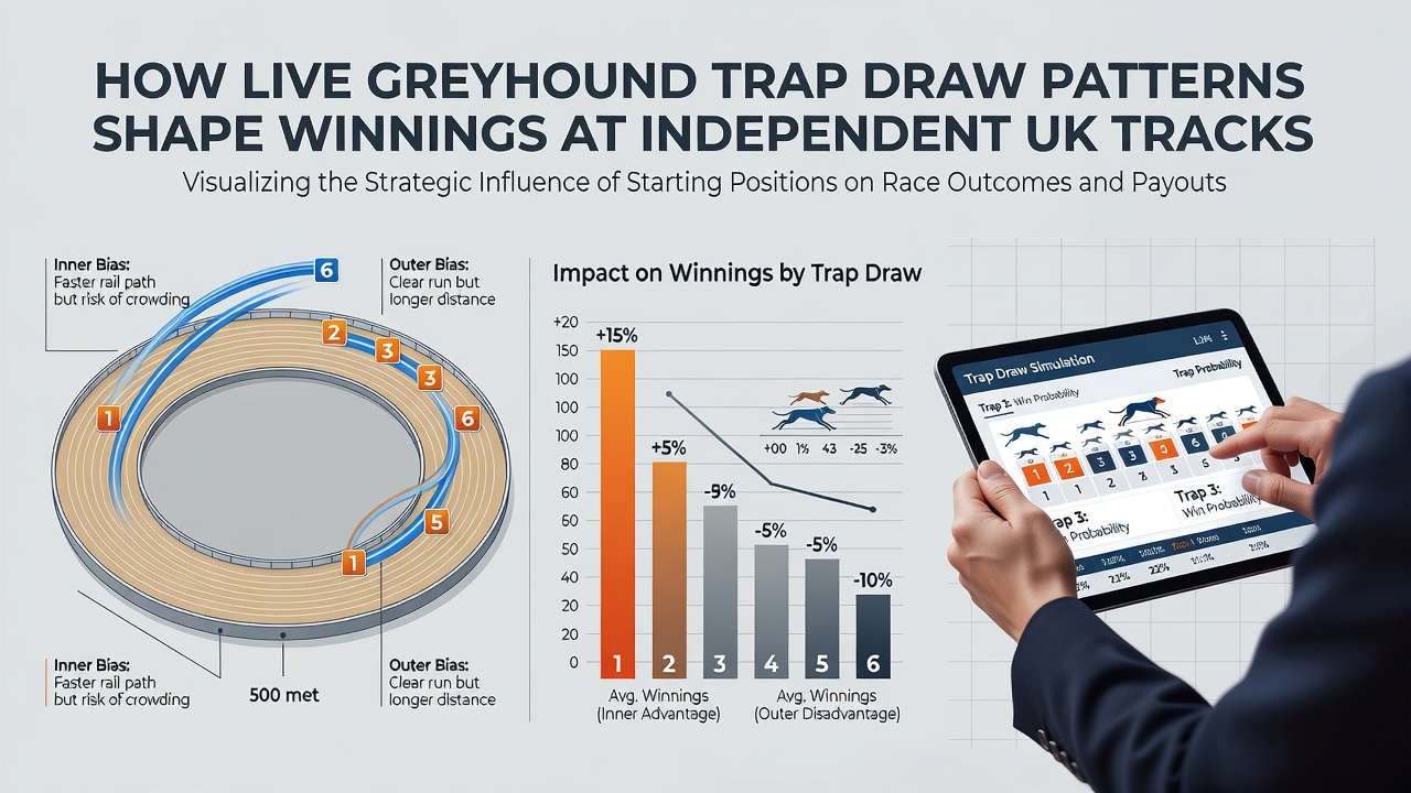 Bettors reviewing trap statistics and live draw results at an independent greyhound meeting