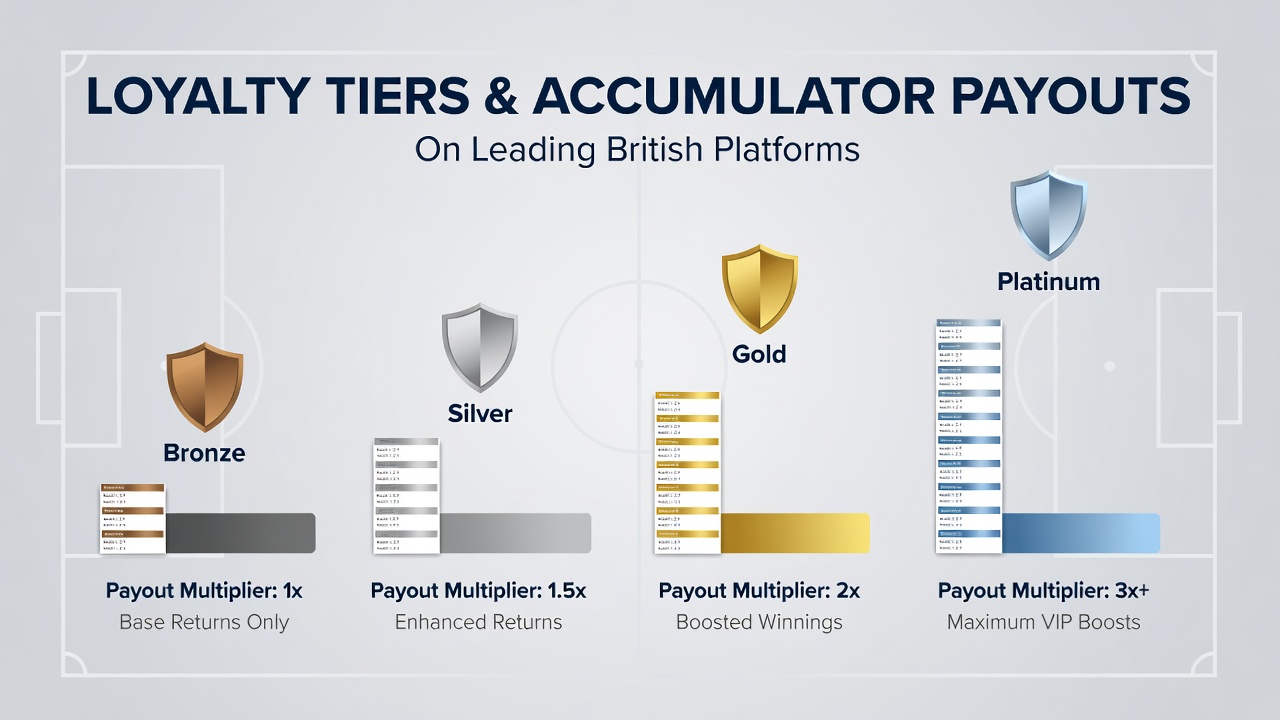 Comparison chart showing how different loyalty tiers modify accumulator payout percentages on UK betting sites
