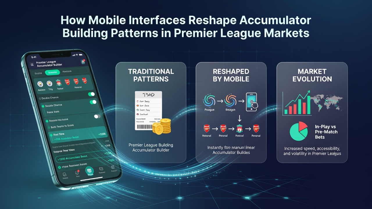 Smartphone screen displaying a Premier League accumulator builder interface with multiple match selections
