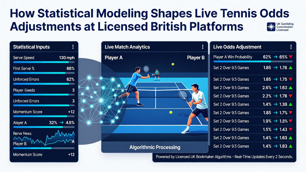 Live tennis court scene with overlaid data visualizations representing probability updates during match play