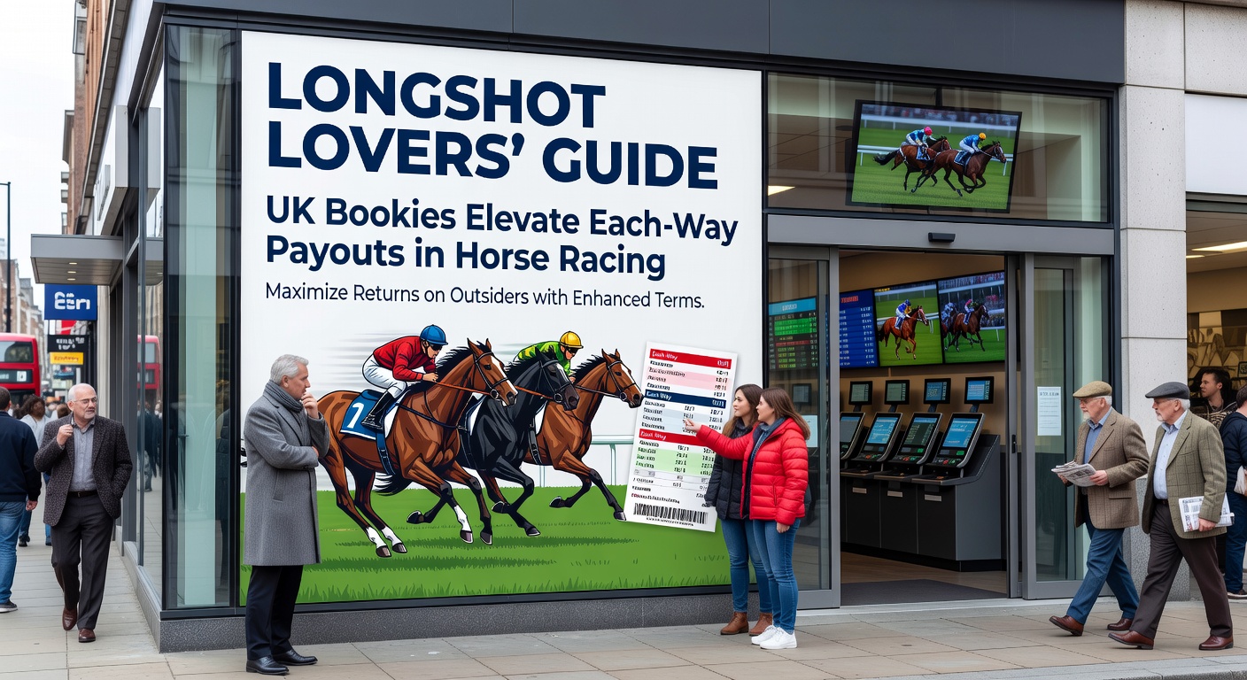 Close-up of punters checking odds boards at a bustling UK racecourse, highlighting each-way promotions