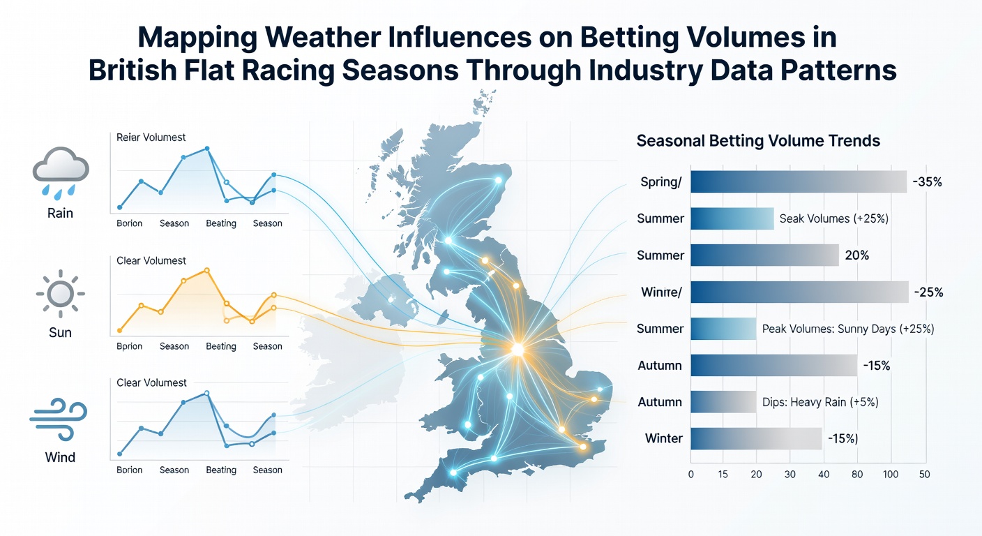 Weather data overlays on British flat racing tracks showing rainfall patterns and betting volume spikes during summer meetings