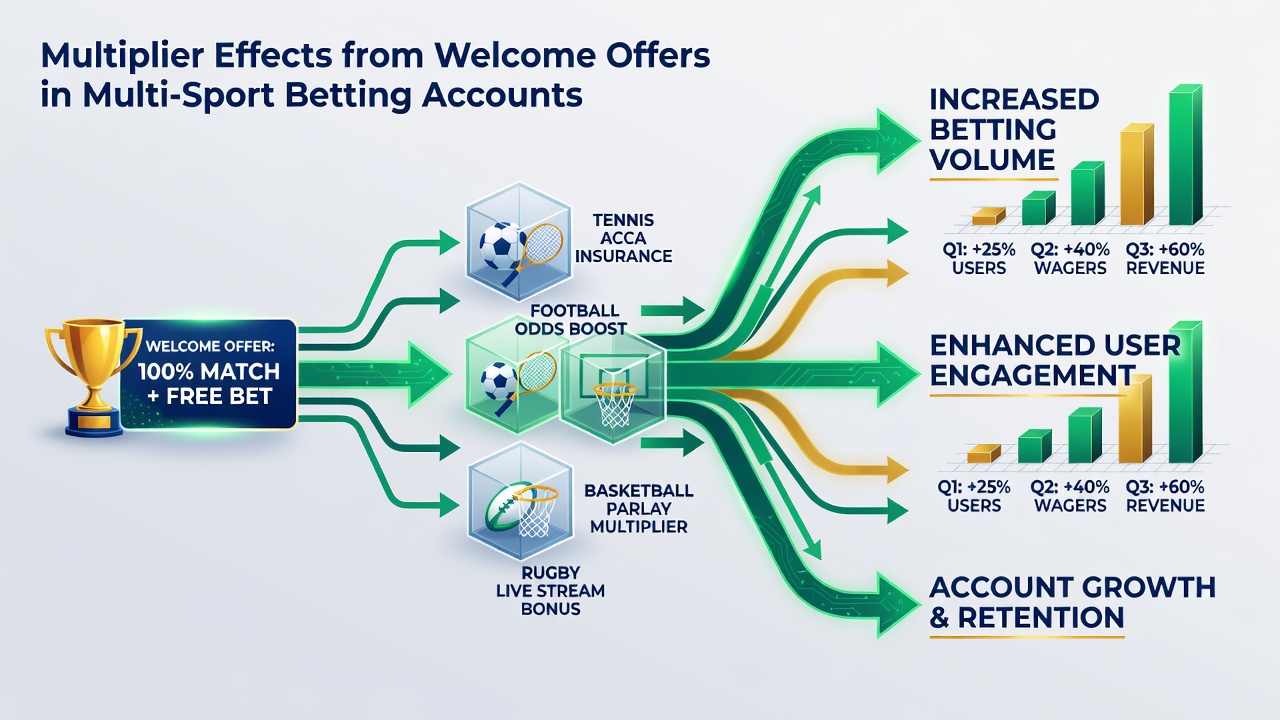 Graph displaying account balance growth and cross-sport betting volume after welcome offer activation