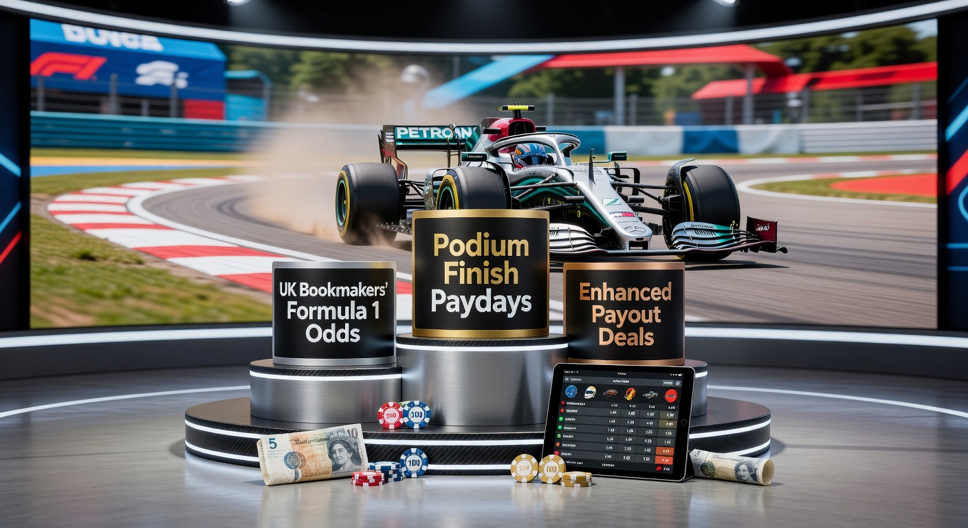 Close-up of bookmaker promotions board displaying enhanced F1 podium payouts and odds boosts for UK bettors