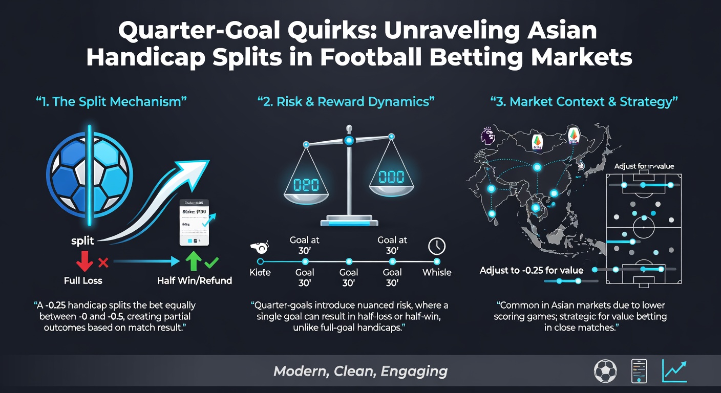 Chart displaying real-time Asian Handicap quarter-goal splits during a Premier League match, highlighting odds movements and settlement outcomes