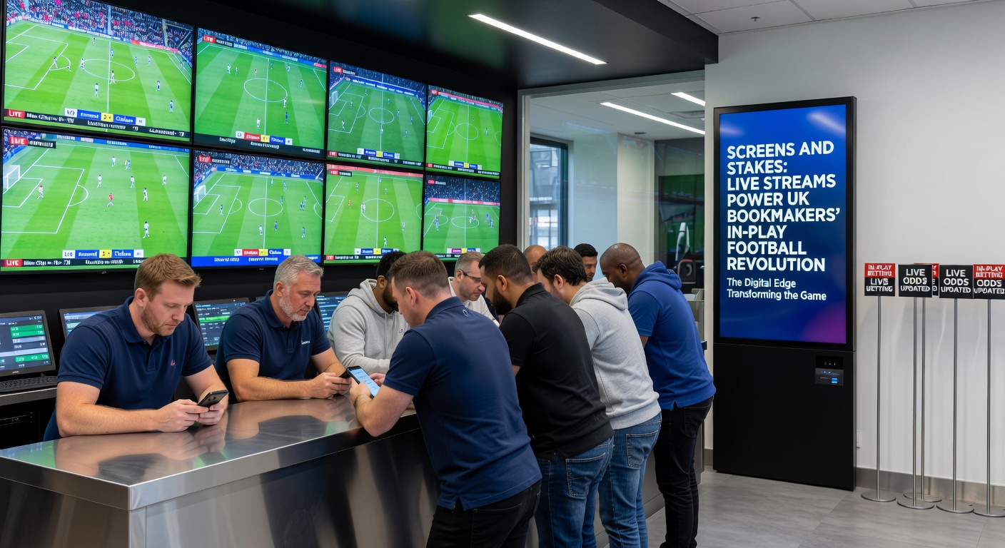 A dynamic split-screen view showing a live football match stream alongside in-play betting odds fluctuating in real-time on a bookmaker's platform