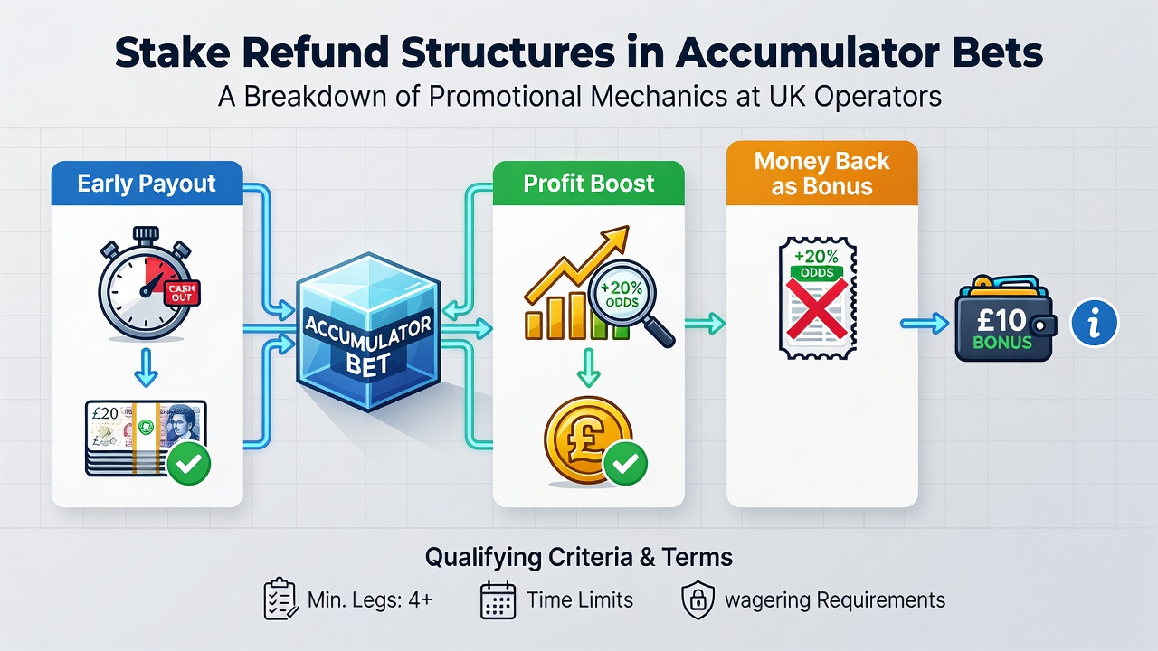 Accumulator bet refund mechanics illustrated with bet slips and promotional graphics from UK operators