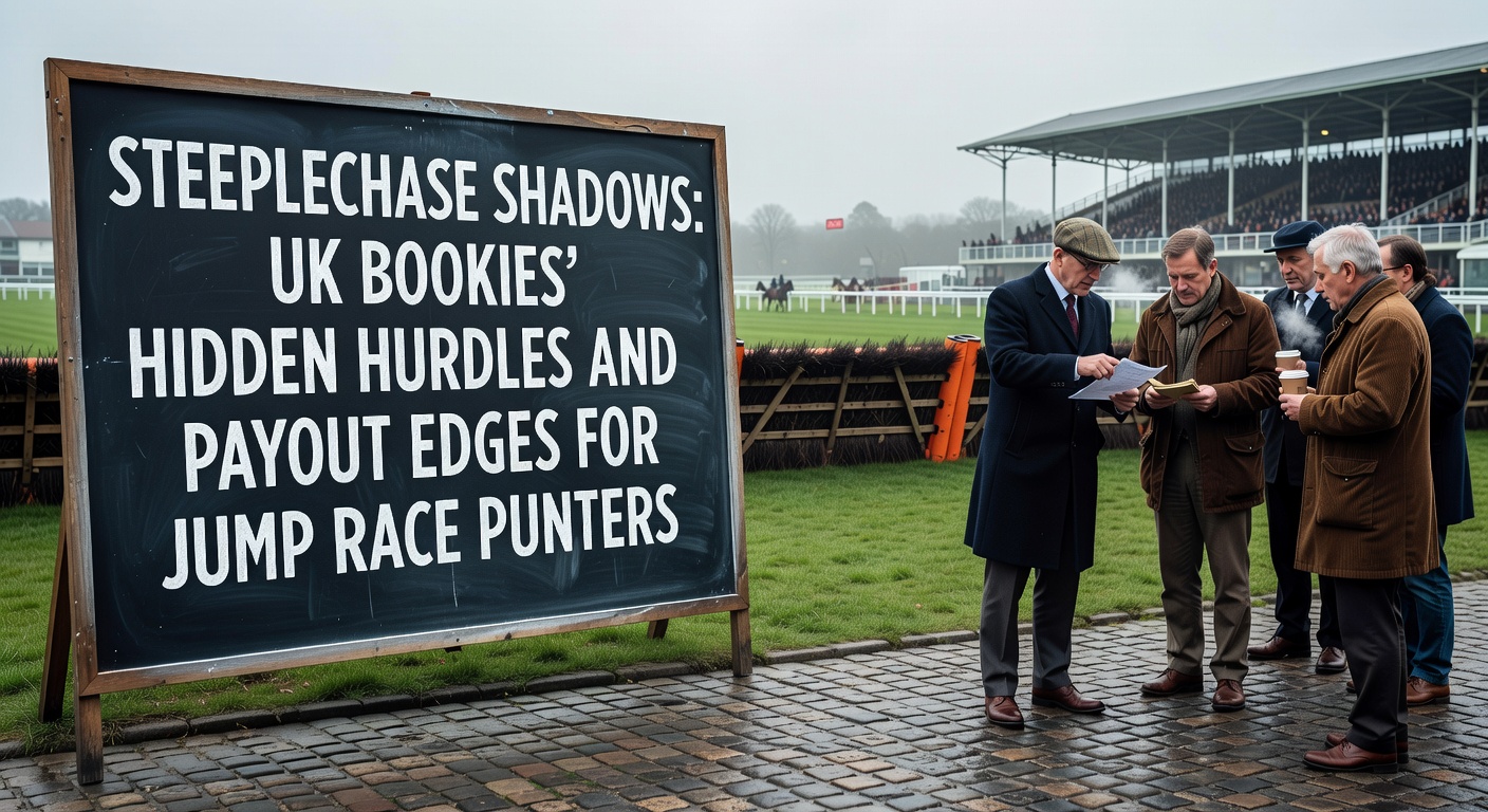 A steeplechase horse leaping over a hurdle in misty UK countryside, with punters watching intently from the stands