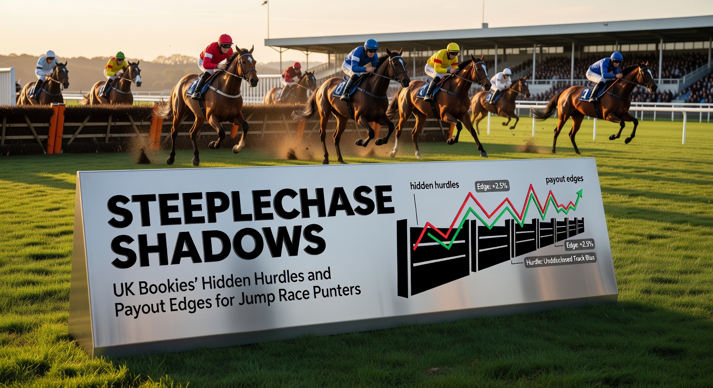 Close-up of a bookmaker's tote board displaying shifting steeplechase odds amid a crowded betting ring, rain-slicked track in background