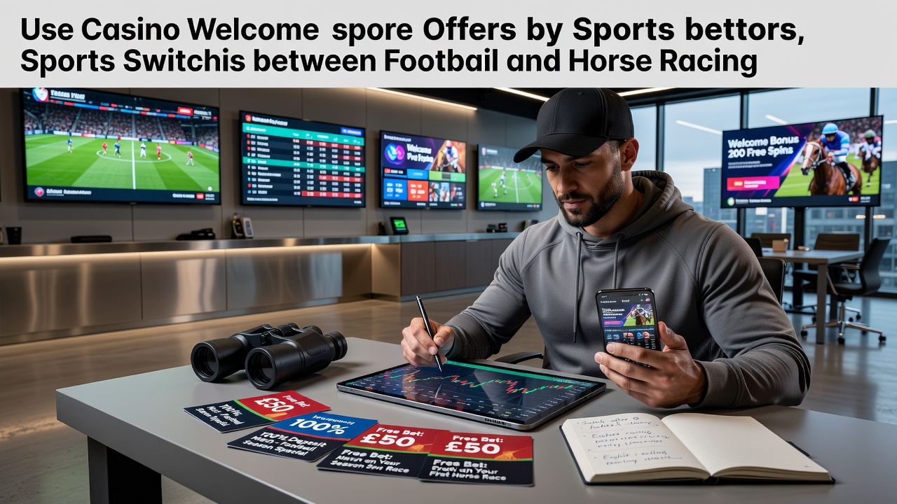 Bettors reviewing casino welcome offers on mobile devices during football and horse racing season transitions