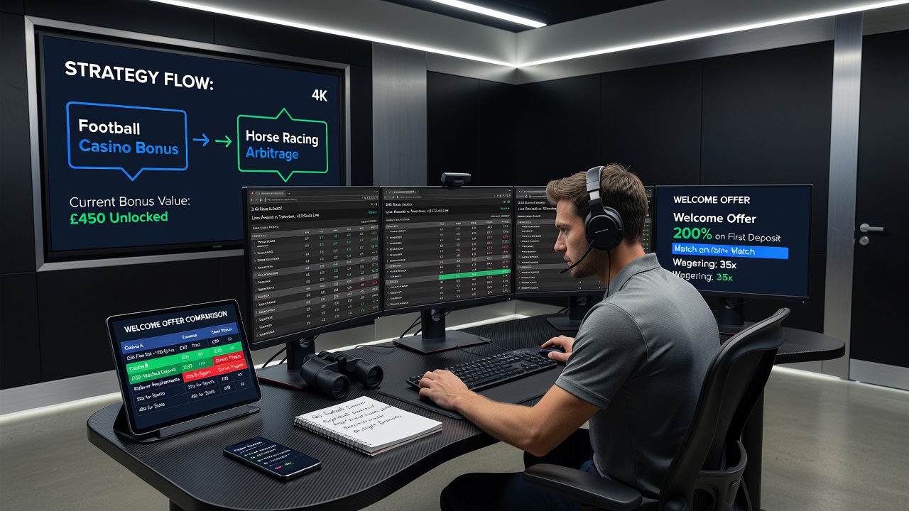 Sports bettor analyzing odds on football and horse racing platforms after clearing casino bonus requirements