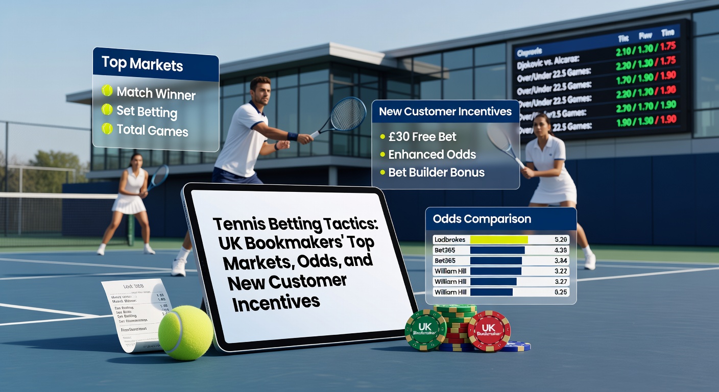 Vibrant tennis match on clay court with overlaid betting odds and market icons from UK bookmakers