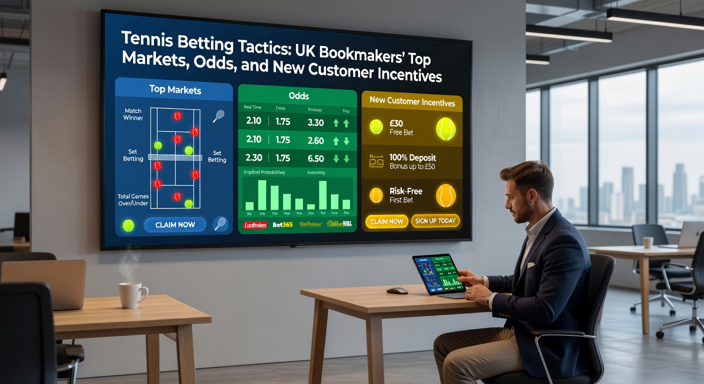 Close-up of tennis player serving with digital odds board showing UK bookmaker markets and incentives