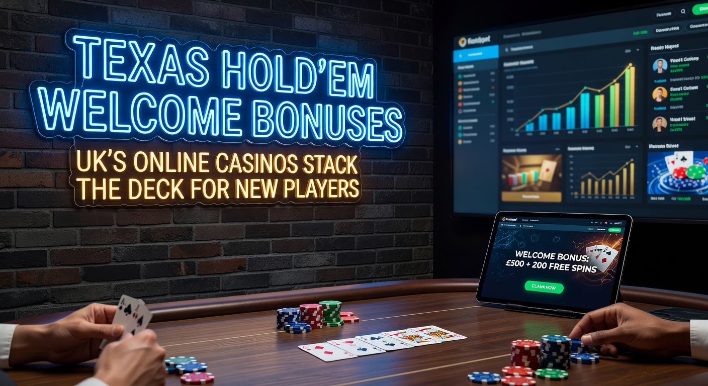 Digital poker table on a laptop screen with bonus notifications popping up, illustrating UK online casino promotions for Texas Hold'em