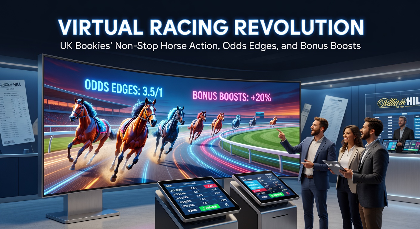 Dynamic screenshot of a virtual horse race interface on a UK bookmaker site, showing galloping horses, live odds updates, and race countdowns