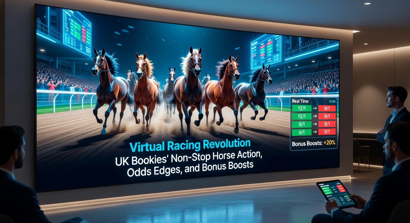 Close-up of odds comparison table for a virtual horse race, highlighting bookmaker variations adn enhanced each-way terms across UK sites