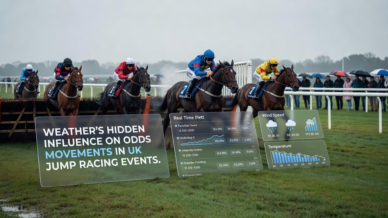 Jockeys navigating a jump racing course during variable weather conditions